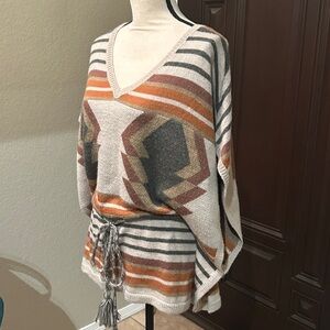 Aztec Wool Blend Poncho with Tied Waist